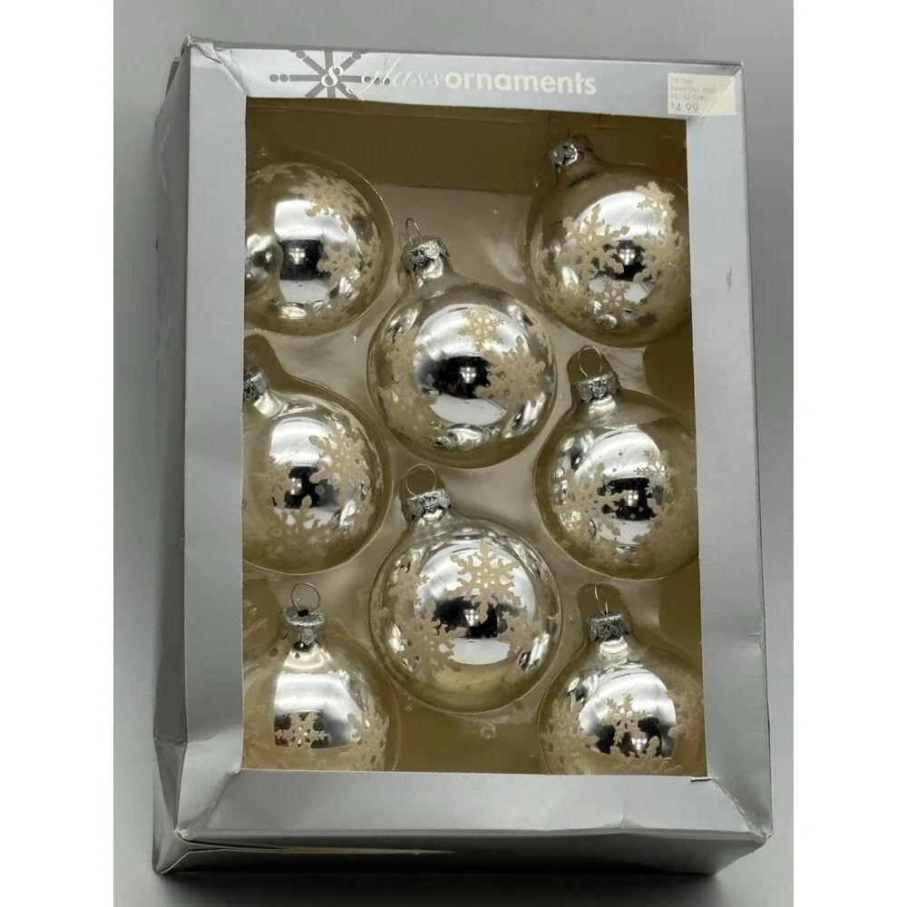 Target 2004 Set of 8 Glass Snowflake Christmas Ornaments Silver 3” Boxed